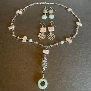 Jade and Pearl Necklace with Two Pairs (one green jade, one pearl) Earrings